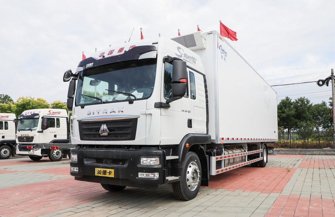 Refrigerador de enfriamiento Van Sinotruck 4 * 2 modo de conducción 9,5 metros de largo caja SITRAK 290hp
